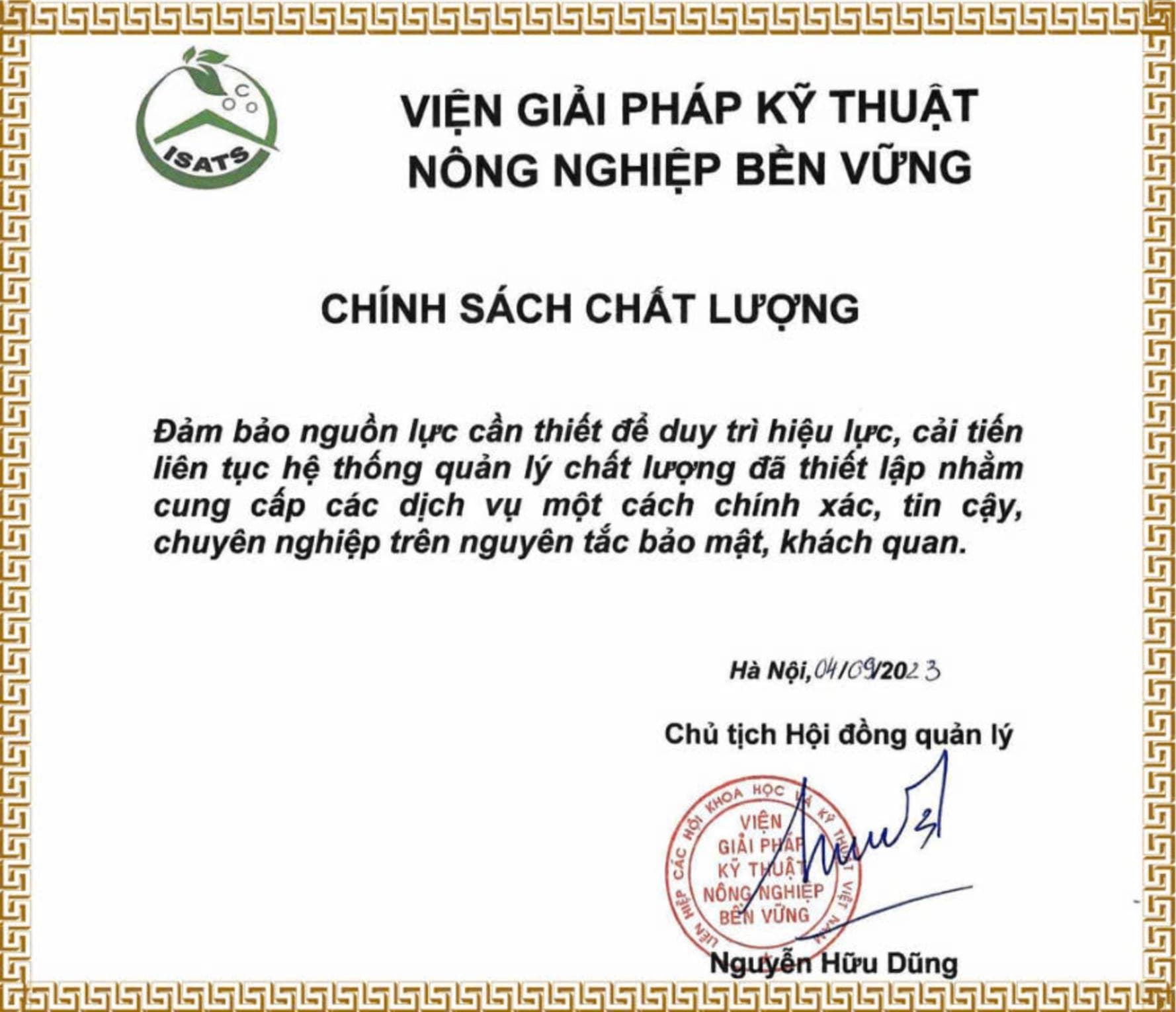 Chính sách chất lượng của ISATS, ban hành ngày 04/09/2023
